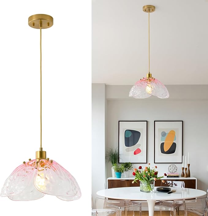 Vintage Gradient Pink Pendant Light,Bronze Pendant Lighting Fixture with Handmade Leaf Glass for Bedroom,Kitchen,Hallway,Entryway