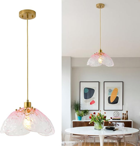 Vintage Gradient Pink Pendant Light,Bronze Pendant Lighting Fixture with Handmade Leaf Glass for Bedroom,Kitchen,Hallway,Entryway