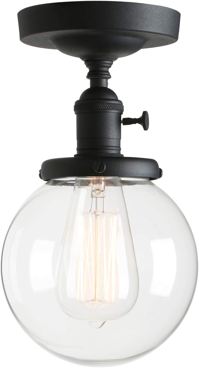 PERMO Modern Semi Flush Mount Ceiling Light with Globe Clear Glass Shade 1 Light Industrial Light Fixtures for Hallway, Bathroom, Farmhouse, Entryway(Black)