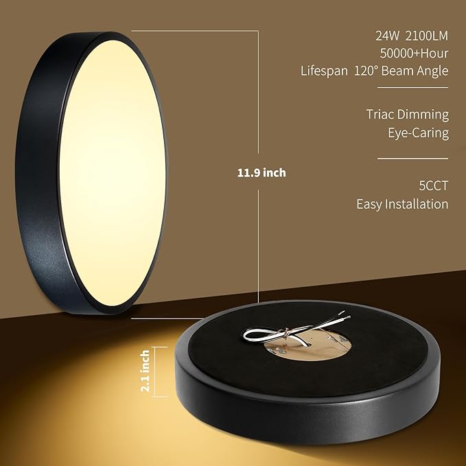 Black Flush Mount Ceiling Light 12 inch LED Dimmable Ceiling Lamp 24W 5CCT(2700K-5000K) Modern Close to Ceiling Light Fixture for Bedroom Foyer Kitchen Entryway Closet Hallway