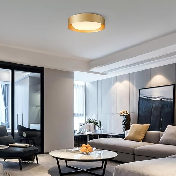 Modern Glass Gold Flush Mount Ceiling Lights, 16.5" Minimalist Round Ceiling Lighting, Drum Close to Ceiling Light Fixtures for Living Room, Bedroom, Dining Room, Kitchen, Hallways