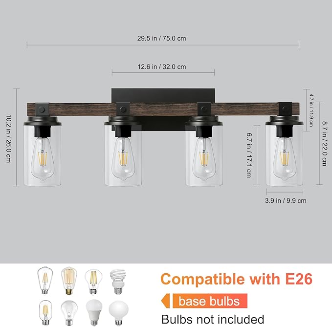 Farmhouse Bathroom Vanity Light 4 Light Sconces Wall Lighting Wood Rustic Bathroom Light Fixtures Over Mirror Vintage Industrial Wooden Black Vanity Light for Bedroom Hallway Kitchen