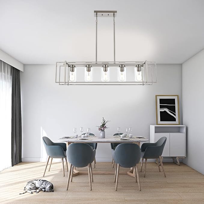 Kitchen Island Lighting Brushed Nickel Industrial 5-Light Chandeliers Farmhouse Dining Room Rectangular Pendant Light Fixtures with Clear Glass Shades