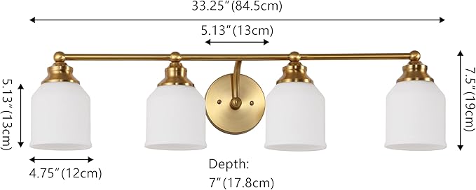 JONATHAN Y 33.25" Brass Gold/White Modern Farmhouse LED Vanity Light Wall Sconce Fixture, Frosted White Glass Shade, Dimmable Wall Lamp for Bathroom Mirror Kitchen Sink, UL Listed (JYL7552B)