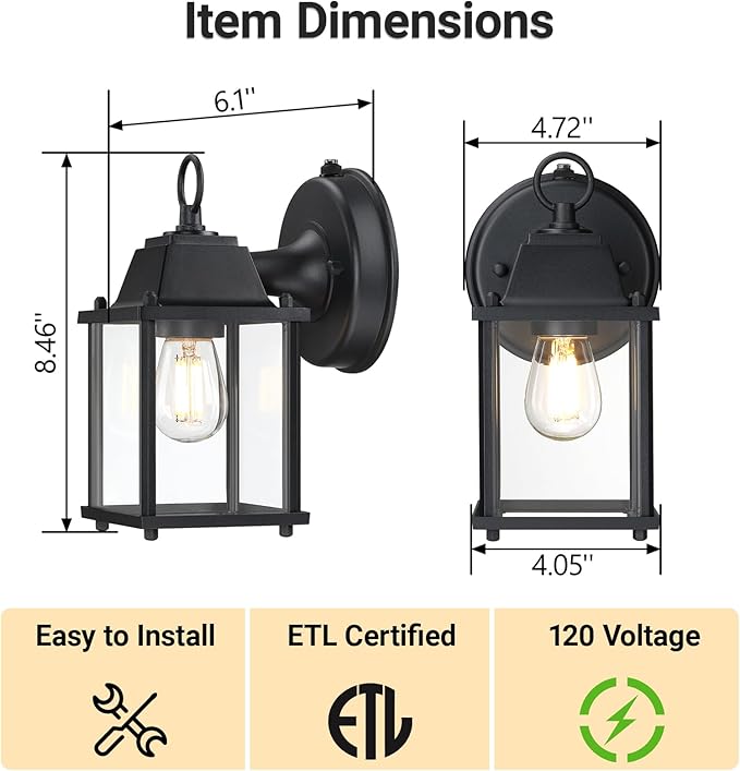 LIT-PaTH Dusk to Dawn Outdoor Wall Lantern, Wall Sconce Waterproof Porch Lighting Fixture, E26 Base, Aluminum Housing with Glass Shade, 1-Pack, Black