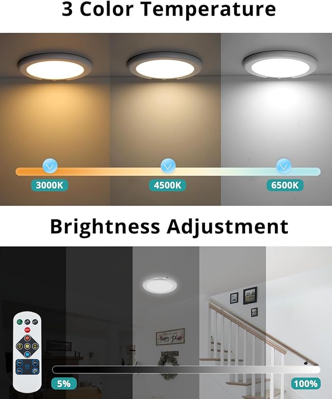 wowatt 6Pcs Battery Operated Ceiling Lights Rechargeable Motion Sensor Light Indoor Wireless Shower Light with Remote 3000K 4500K 6500K 7.48in Dimmable Timing Motion Activated Lamp for Closet Shower