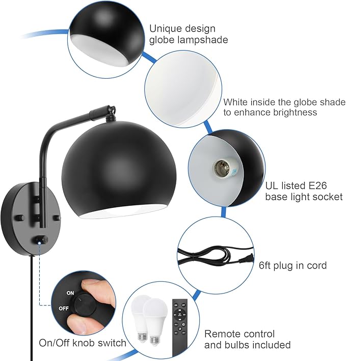VATONI Wall Sconce with Remote Control, Dimmable Plug in Wall Sconces and Adjustable Color Temperature 2700K~6000K, Globe Swing Arm Wall Lights with Plug in Cord(2 Pack, 2 Bulbs)