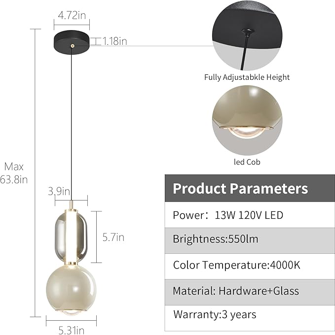 Modern Glass Pendant Light, Griege Pendant Lighting LED Dimmable, Adjustable Pendant Lights Kitchen Island Dinning Room,Bedroom,Bar, Kitchen Island Ceiling Hanging Light Fixtures(1-Pack)