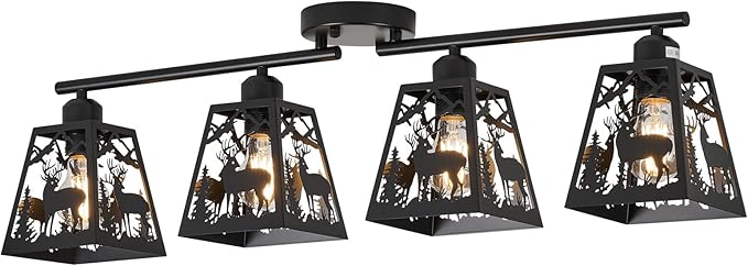 Rustic Flush Mount Ceiling Light - 4-Light Metal Fixture with Deer Design, Farmhouse Ceiling Lamp for Kitchen, Living Room, Bedroom, Dining Room, Entryway, Hallway (Bulbs not Included)