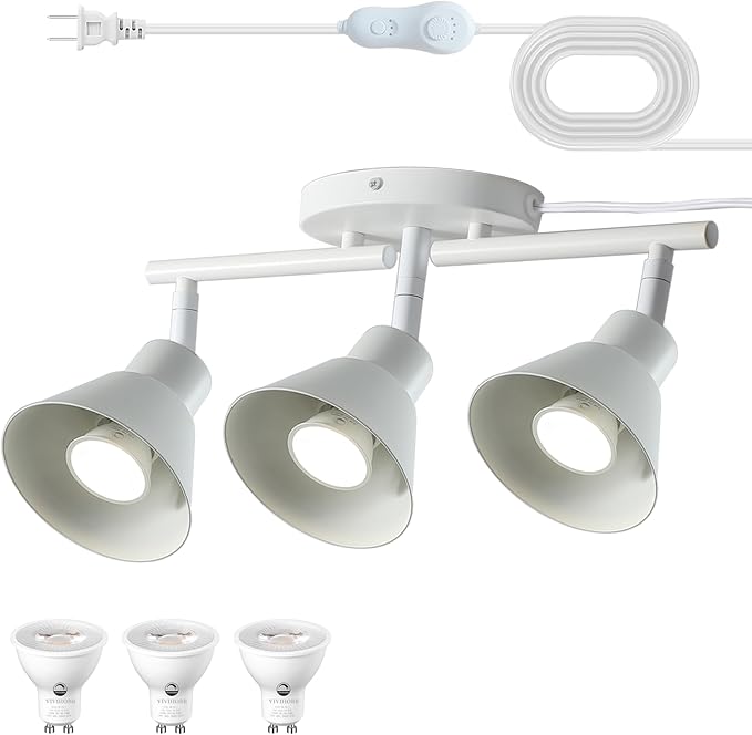 3 Light Plug in Track Lighting Kit,Modern Plug in Ceiling Light Fixture,16.4ft Cord,Timer & Dimming Switch,3 Way Ceiling Spot Lighting,Flexibly Rotatable Light Head (White)