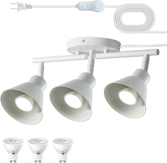 3 Light Plug in Track Lighting Kit,Modern Plug in Ceiling Light Fixture,16.4ft Cord,Timer & Dimming Switch,3 Way Ceiling Spot Lighting,Flexibly Rotatable Light Head (White)