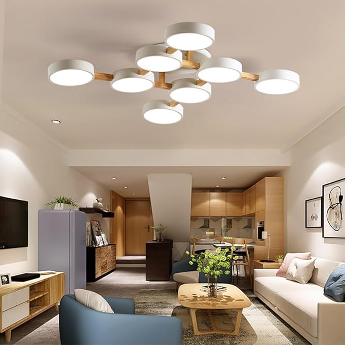 LED Ceiling Light Fixture,44 Inch 8-Lights Modern Ceiling Lights Flush Mount Wooden 96W Chandelier for Living Room Bedroom Kitchen,Dimmable 3000K/4000K/6000K Temperatures Selectable, White