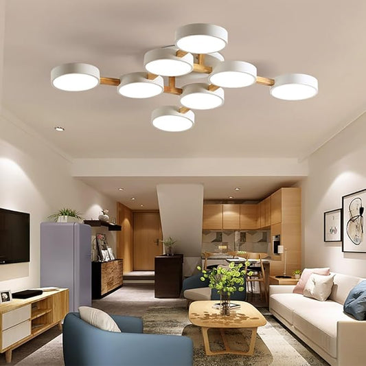 LED Ceiling Light Fixture,44 Inch 8-Lights Modern Ceiling Lights Flush Mount Wooden 96W Chandelier for Living Room Bedroom Kitchen,Dimmable 3000K/4000K/6000K Temperatures Selectable, White