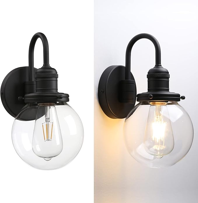 Industrial Vintage U-Shaped Wall Sconce 1-Light with 5.9” Round Clear Glass Globe Shade Indoor Wall Mounted Lamp Fixture