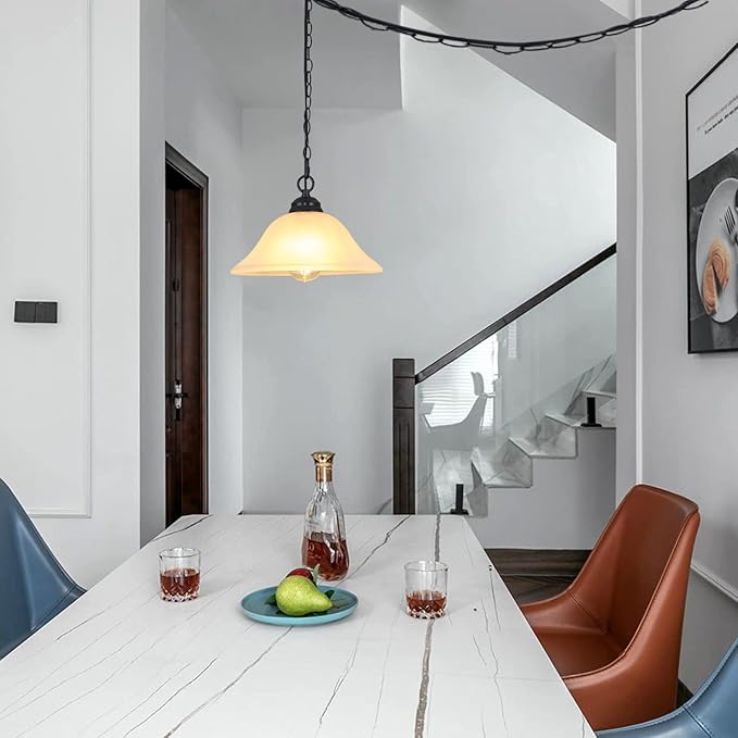 Traditional Plug in Pendant Light Fixture Alabaster Glass Shade, Black Hanging Lamp with Dimmable Switch,16.4Ft Cord & 14.7Ft Chain for Kitchen Sink Corner Nook
