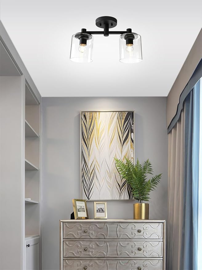Pathson 2-Light Semi Flush Mount Ceiling Light, Industrial Pendant Lighting Fixture with Glass Shade, Ceiling Chandelier Lamp for Hallway Loft Kitchen Bar