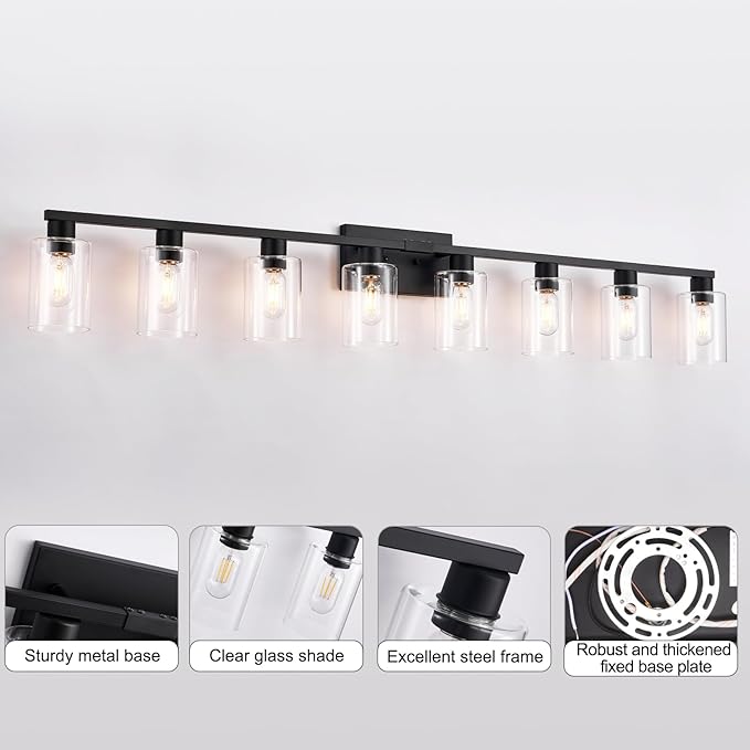 8-Light Black Vanity Light Fixtures,50" Bathroom Light Fixtures Clear Glass ShadeRust and Moisture Resistant Easy to Install Vanity Lights for Luxury Bathroom Light Over Mirror