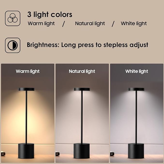 Cordless Rechargeable Battery Operated Dining Table Lamp 6000 mAh LED Desk Lamps 13.5 inches 3-Level Light Color Adjustable Dimmable Brightness for Reading/Restaurant/Study, Pack of 2