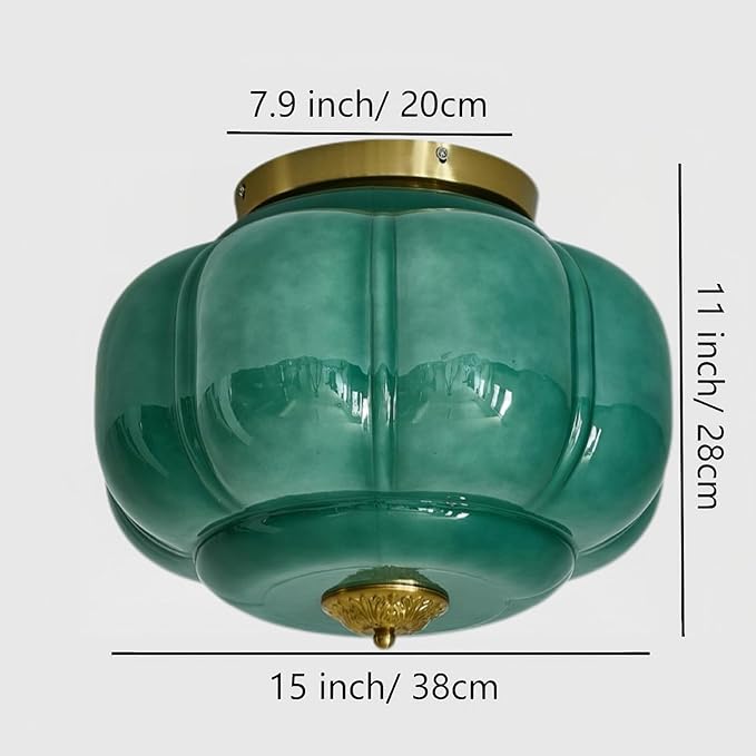 LIGHTLAND Milk Glass Ceiling Light, 15 Inch 3-Light Metal Glass Flush Mount Ceiling Light Fixture for Entryway, Hallway, Living Room, Bedroom (Style C, Green)