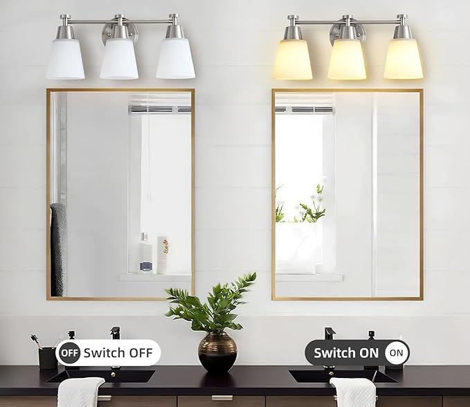 3-Light Bathroom Vanity Light, Brushed Nickel Finish with Milk Glass Shades, Over Mirror, for Bathroom Vanity