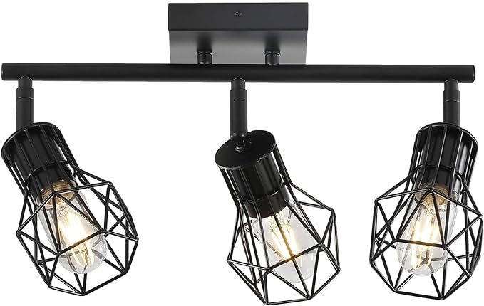 3 Light Track Lighting Fixtures Ceiling，Black Flush Mount Ceiling Light with E26 Lamp Head, Industrial Black Kitchen Track Lighting for Kitchen, Living Room, Dining Room, Hallway