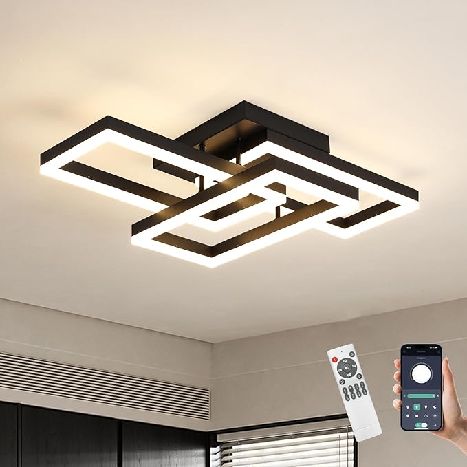 Modern LED Ceiling Light, Black Square LED Flush Mount Ceiling Light, APP and Remote Control Dimming 3000K-6500K for Dining Room, Living Room, Kitchen, Bedroom, Office