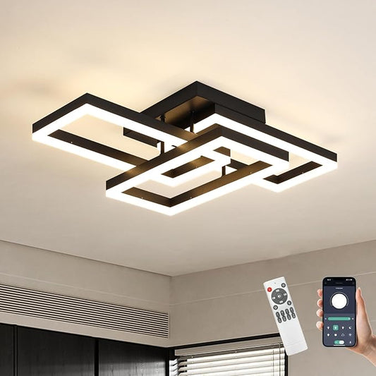 Modern LED Ceiling Light, Black Square LED Flush Mount Ceiling Light, APP and Remote Control Dimming 3000K-6500K for Dining Room, Living Room, Kitchen, Bedroom, Office