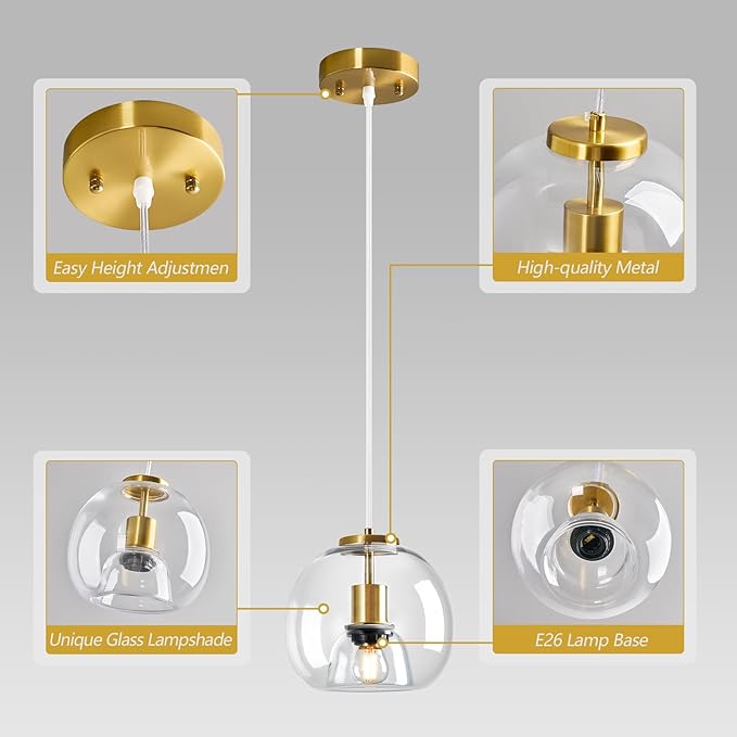Modern Pendant Lighting Kitchen Island Gold Hanging Light Globe Clear Glass Pendant Light Fixture for Kitchen, Bedroom & Dining Room (7.87", 1 Pack)