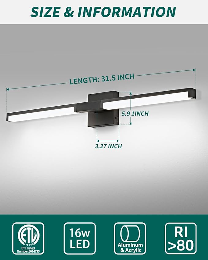 OKELI Modern Bathroom Light Fixtures Over Mirror, 32 Inch Matte Black Vanity Light Bar for Bathroom, 16W 5CCT Diammable Wall Light