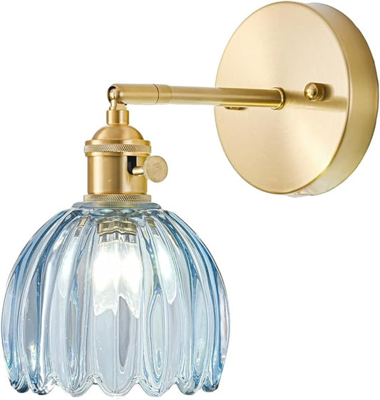 Hardwired Wall Sconce Light, Vintage Wall Sconce with Switch, Gold Wall Light Fixture with Tulip Denim Blue Glass Lampshade, Indoor Wall Light for Bedroom Bathroom, Bedside Wall Lamp