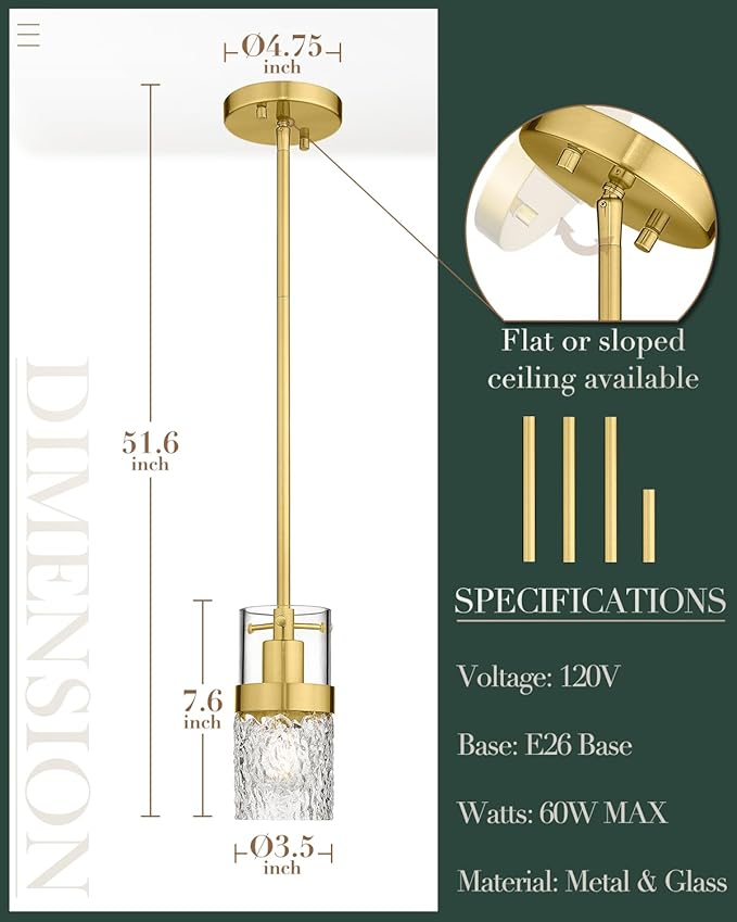 LMS Gold Pendant Light, 1-Light Pendant Lighting for Kitchen Island with Hammered Glass, LMS-171