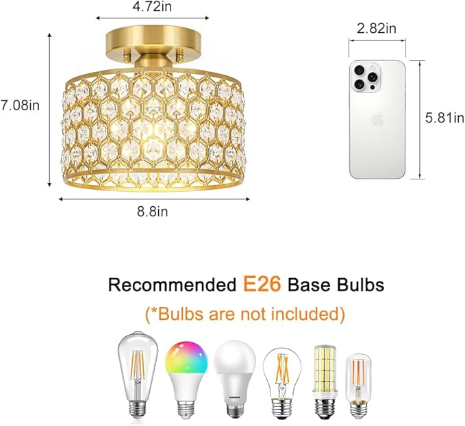 Gold Crystal Ceiling Light Fixture - Modern Semi Flush Mount Ceiling Chandelier Lighting for Hallway, Kitchen & Foyer | Dazzling Prism Chandelier with Easy Installation,1 Light, 8.8 in