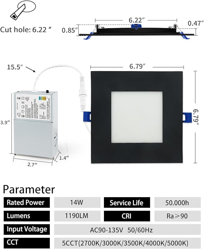 Adetu 12 Pack 6 inch Square Led Recessed Lighting,5CCT Ultra Thin Square Led Ceiling Light with Junction Box,14W 1190LM, CRI90, 2700K-5000K Selectable, Dimmable Canless Downlight, ETL and Energy Star