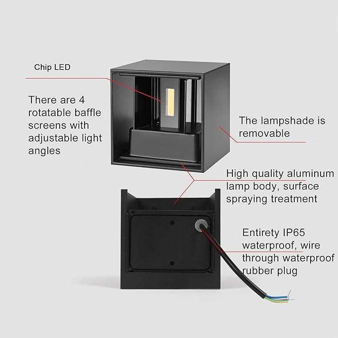 Mille Lucciole 2 Pack LED Outdoor Wall Lights Exterior/Interior, Up and Down Lights IP65 Waterproof Wall Sconces, Square Aluminum Outdoor Wall Lighting Fixtures, Modern Black 12W 6500K Cold Lights