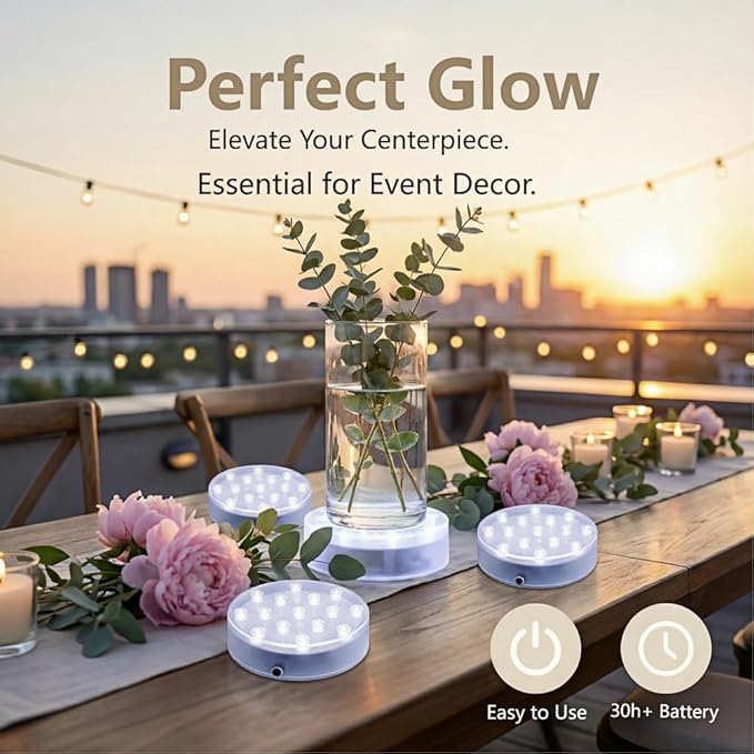 Simplelight 4 Inch Round LED Light Base- Perfect for Glass Art, Ideal Led Display for Vases, Centerpieces-AA Batteries Included (4inch Round Vase Base Light, White), Set of 4