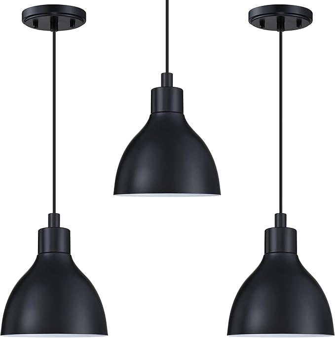 Single Hanging Kitchen Island 6.5" Drum Industrial Metal Pendant Ceiling Light Fixtures for Over Sink,Dining Room,Corridor,Entryway,Hallway 3 Pack Black