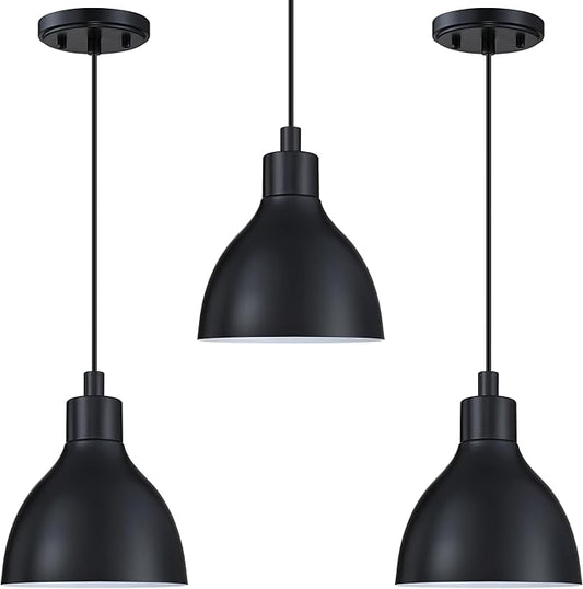 Single Hanging Kitchen Island 6.5" Drum Industrial Metal Pendant Ceiling Light Fixtures for Over Sink,Dining Room,Corridor,Entryway,Hallway 3 Pack Black