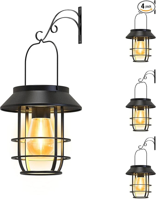 Solar Lanterns Outdoor Waterproof, High Brightness Hanging Solar Lights for Outside with Wall Hooks, Halloween Decor Retro Metal Outdoor Lanterns Auto On/Off for Patio, Yard Decor, Black, 4Pack