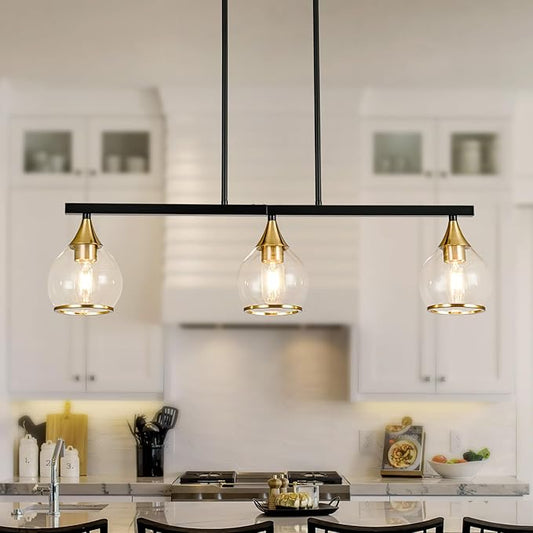 Island Light for Kitchen, 3-Light Black and Gold Kitchen Island Farmhouse Linear Hanging Pendant Chandeliers, Matte Black Dining Room Light Fixture Over Table with Clear Round Glass Shades