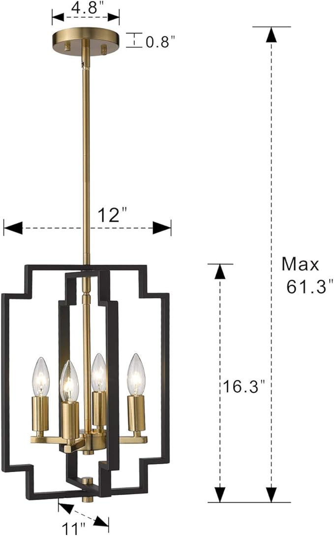 Emliviar 4-Light Lantern Chandelier, Farmhouse Pendant Light for Dining Room Kitchen Island, Black and Gold Finish, JE1981-D4 BK+G