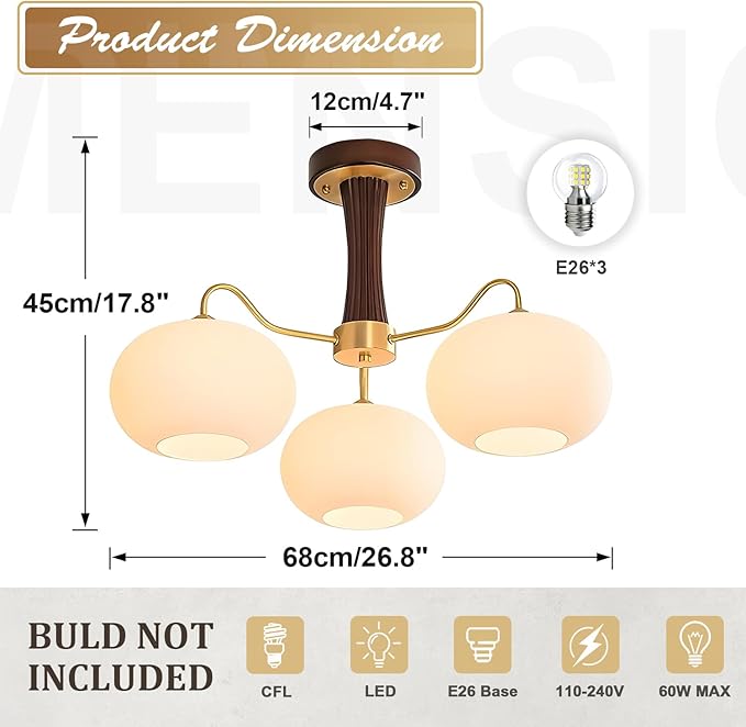 Semi Flush Mount Ceiling Light,3-Light Glass Lampshade Mid Century Ceiling Light Fixture for Bedroom Entryway Loft Kitchen Farmhouse
