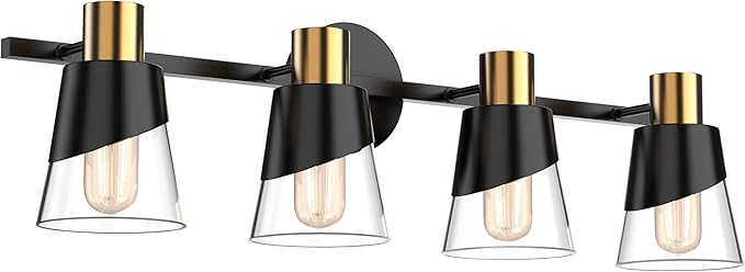 URSOLA Bathroom Light Fixtures, 4 Lights Bathroom Lighting Fixtures Over Mirror, 28.34 inch Black and Gold Design with Bevelled Edge and Clear Glass Shade Wall Lamp