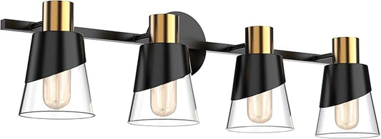 URSOLA Bathroom Light Fixtures, 4 Lights Bathroom Lighting Fixtures Over Mirror, 28.34 inch Black and Gold Design with Bevelled Edge and Clear Glass Shade Wall Lamp