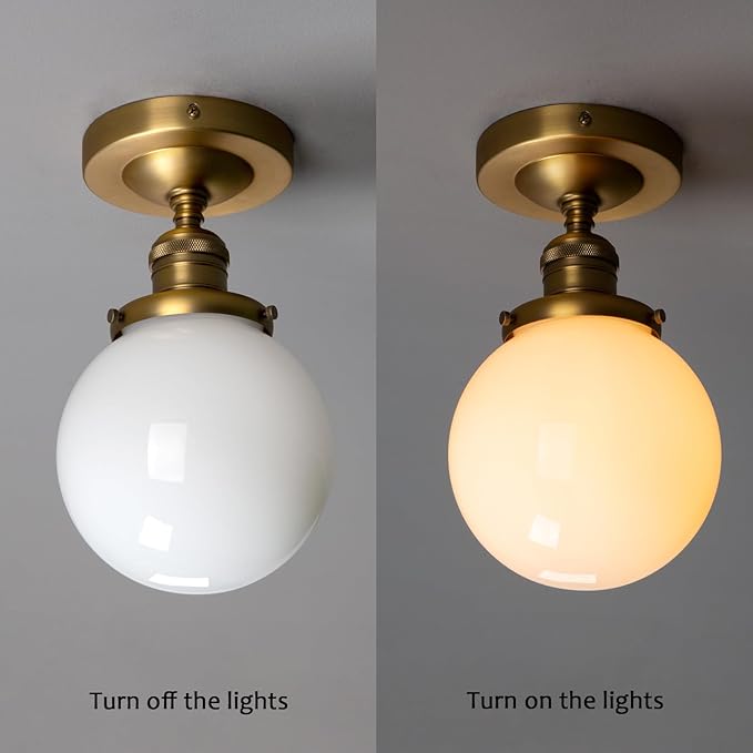 PERMO Morden Semi Flush Mount Ceiling Pendant Light Gold Ceiling Lights Hallway Fixtures with Milk White Globe Glass Lampshade 1-Light