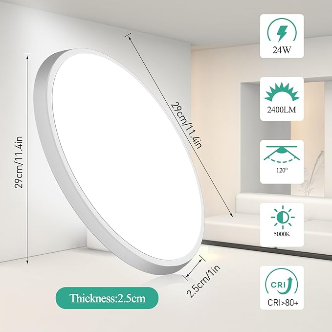 12 inch LED Flush Mount Ceiling Light, 2400lm Low Profile Ceiling Light Fixture, 240W Equivalent Ceiling Lamp, 5000K Daylight White Round Flat Light Fixture for Bedroom, Closet, Laundry, Bathroom