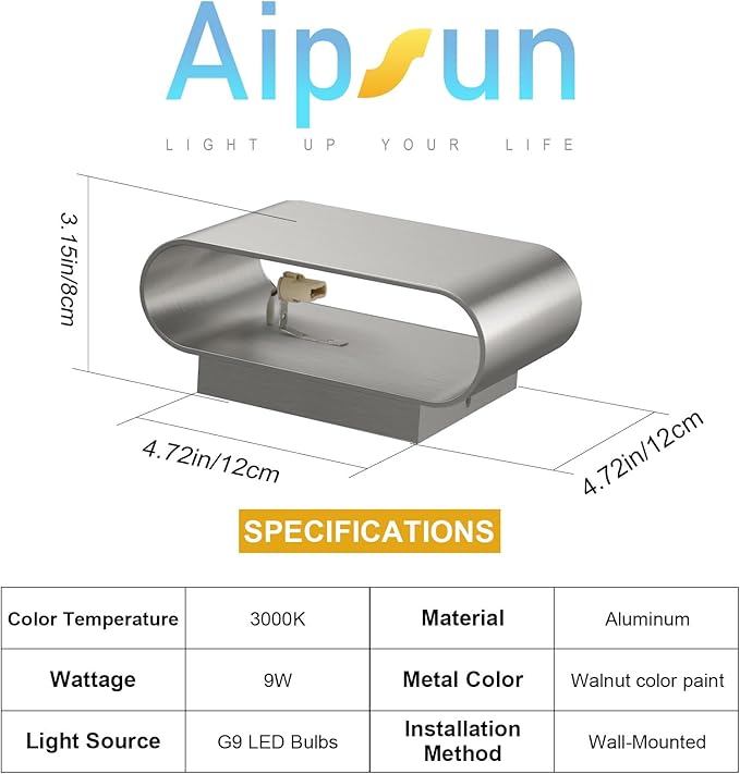 Aipsun Nickel LED Wall Sconces 1 Pack Indoor Modern Wall Lights Hardwired Up and Down Interior Wall Mount Light for Living Room Bedroom Hallway Warm White 3000K(with G9 Bulbs)