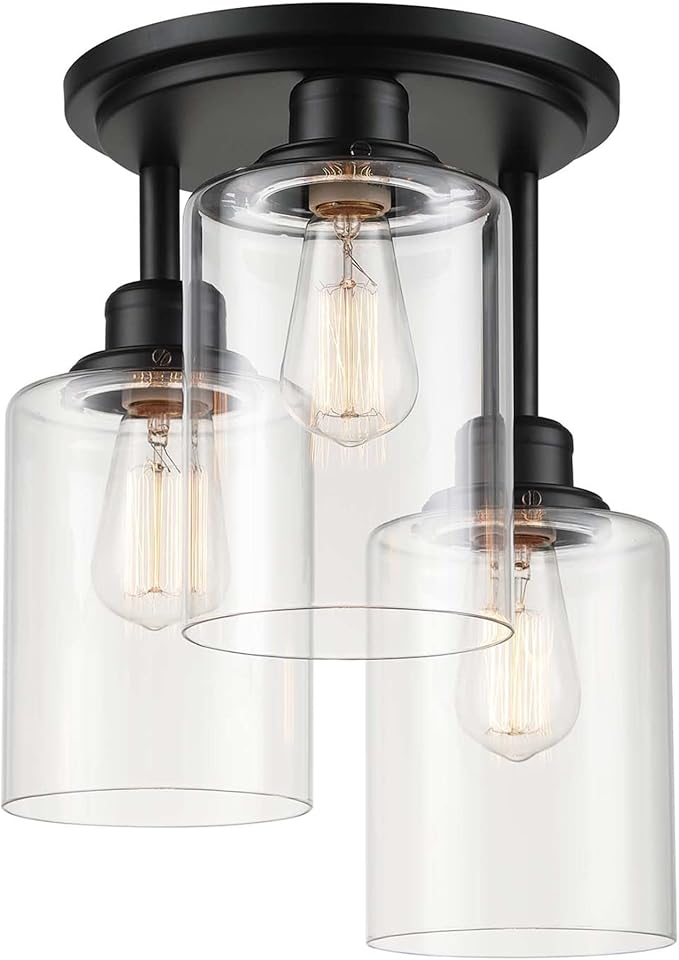 Globe Electric 65456 3-Light Flush Mount Ceiling Light, Industrial Tiered Matte Black Fixture, E26 Base, Dimmable