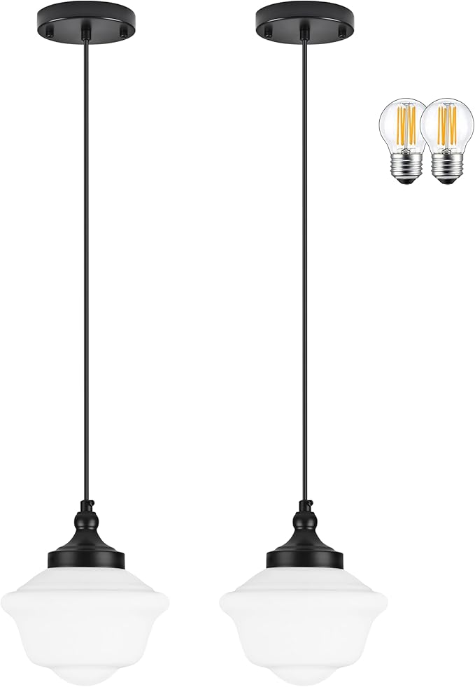 Bagood 2 Pack 8" Milk Glass Pendant Light Black Schoolhouse Light Fixture Schoolhouse Pendant Light Milk Glass Light Fixture Mid Century Modern Ceiling Light for Bedroom Bathroom Kitchen (Bulb Incl.)