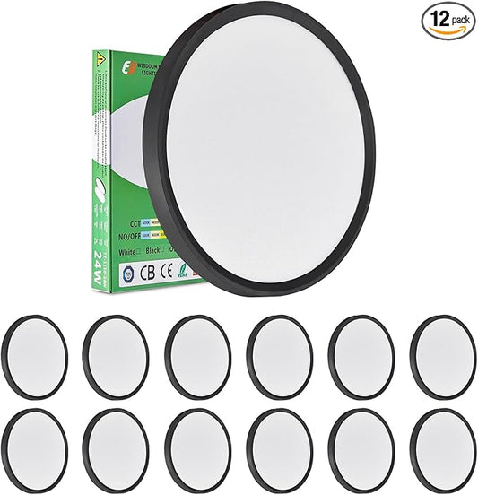 12PK 12 Inch LED Flush Mount Ceiling Lights, 24W, 2520LM, 3000K/4000K/6000K CCT Selectable, Round Flat Panel Low Profile Ceiling Lights Fitting for Hallway, Kitchen, Bedroom, Laundry Room, Black