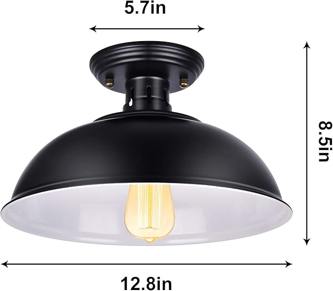 Vintage Rustic Semi Flush Mount Light, Farmhouse Black Ceiling Fixture, Industrial Lights for Hallway, Stairway, Foyer, Kitchen, Porch, Entryway (2 Pack)